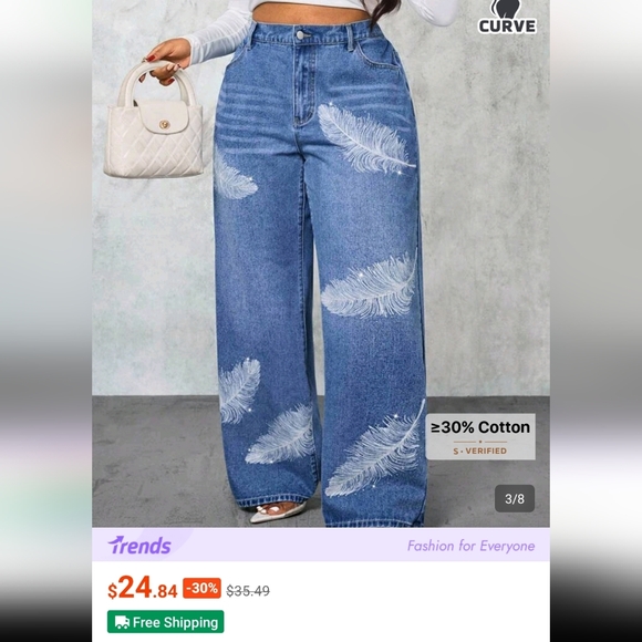 Women's Blue Feather Print Wide-Leg Jeans - Picture 2 of 11